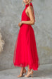 Rosiedress Bow Knot Halter Open Back Tulle Maxi Dress