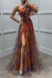 Rosiedress One Shoulder Waisted High Slit Mesh Overlay Printed Maxi Dress