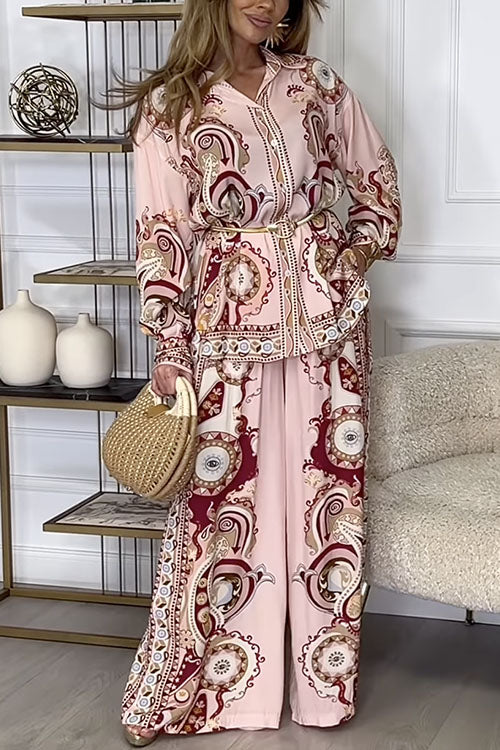 Rosiedress Unique Print Long Sleeves Button Up Shirt and Wide Leg Palazzo Pants Set
