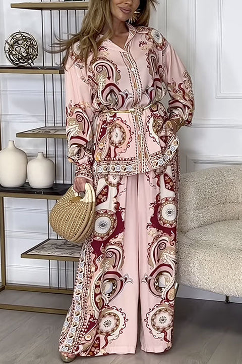 Rosiedress Unique Print Long Sleeves Button Up Shirt and Wide Leg Palazzo Pants Set