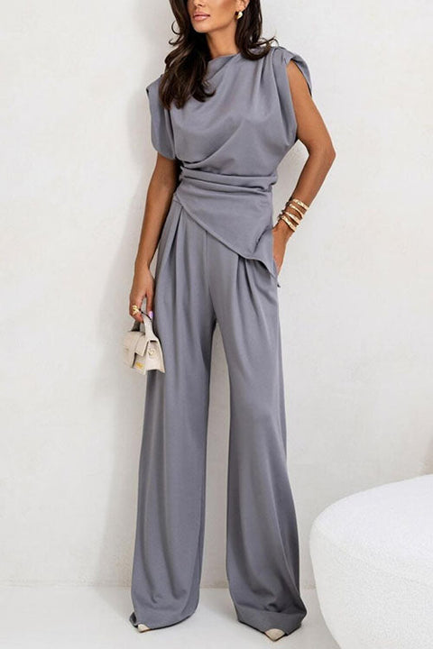 Rosiedress Ruched Asymmetrical Top and Wide Leg Pants Set
