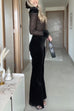 Rosiedress Feather Cuffs Bell Bottom Velvet Splice Jumpsuit