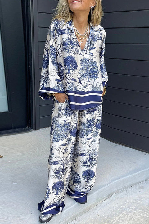 Rosiedress Lapel V Neck Long Sleeves Shirt Wide Leg Pants Printed Casual Set