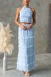 Rosiedress Frill Trim Halter Backless Crop Top and Drawstring Waist Maxi Skirt Set