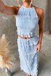 Rosiedress Frill Trim Halter Backless Crop Top and Drawstring Waist Maxi Skirt Set