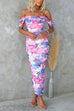 Chicest Off Shoulder Back Slit Ruched Mesh Overlay Print Maxi Dress