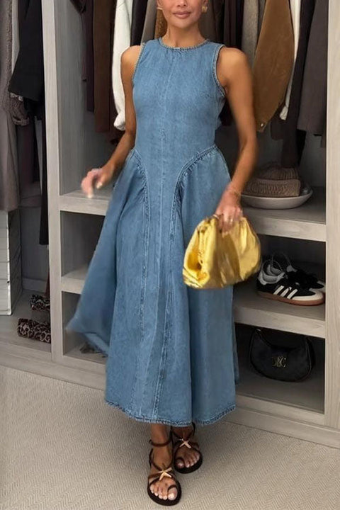 Rosiedress Open Back Sleeveless A-line Denim Maxi Dress