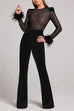 Rosiedress Feather Cuffs Bell Bottom Velvet Splice Jumpsuit