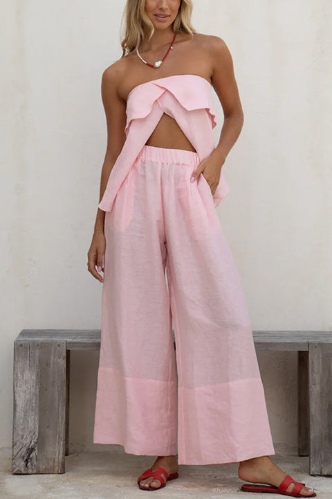 Rosiedress Strapless Ruffle Slit Top Elastic Waist Wide Leg Pants Set