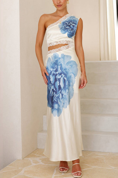 Rosiedress One Shoulder Lace Trim Cut Out Sleeveless Maxi Dress