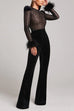 Rosiedress Feather Cuffs Bell Bottom Velvet Splice Jumpsuit