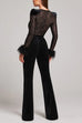 Rosiedress Feather Cuffs Bell Bottom Velvet Splice Jumpsuit