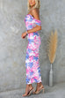 Chicest Off Shoulder Back Slit Ruched Mesh Overlay Print Maxi Dress