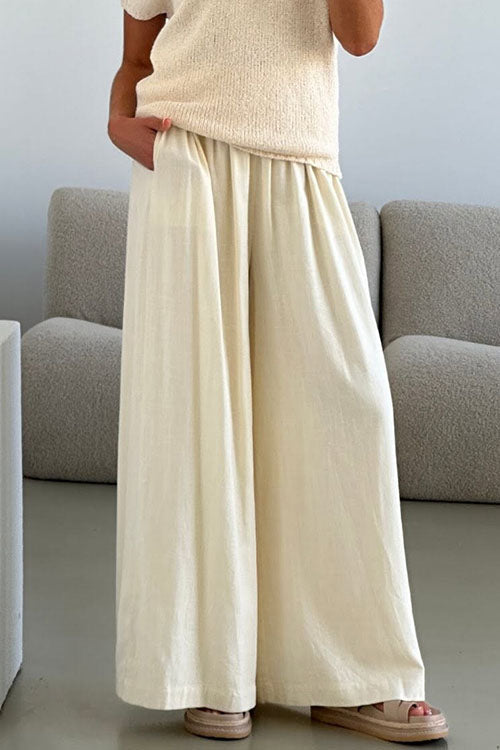 Rosiedress Elastic Waist Pocketed Wide Leg Cotton Linen Pants