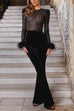 Rosiedress Feather Cuffs Bell Bottom Velvet Splice Jumpsuit