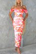 Chicest Off Shoulder Back Slit Ruched Mesh Overlay Print Maxi Dress
