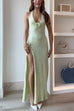 Rosiedress Halter V Neck Backless Slit Rose Applique Knit Maxi Dress