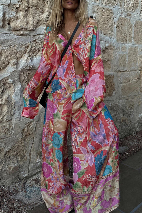 Rosiedress Long Sleeves Button Up Shirt and Wide Leg Pants Floral Print Set