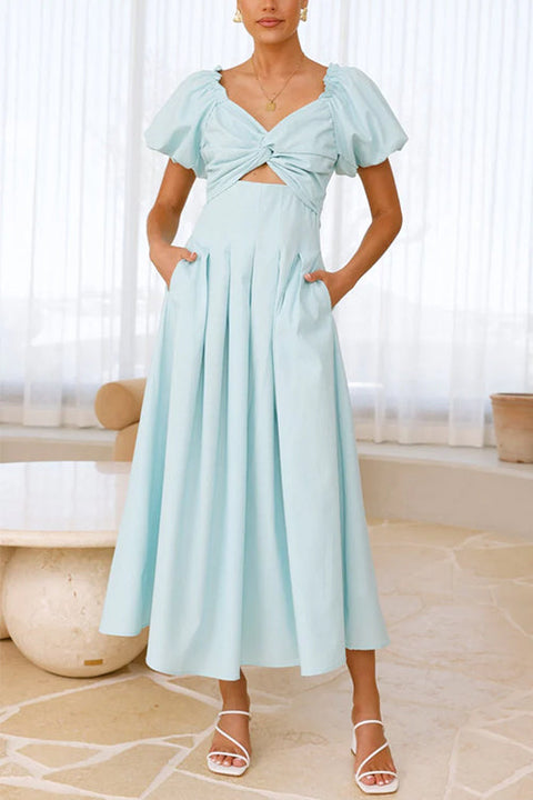 Rosiedress V Neck Twist Front Puff Sleeves Cut Out Maxi Dress