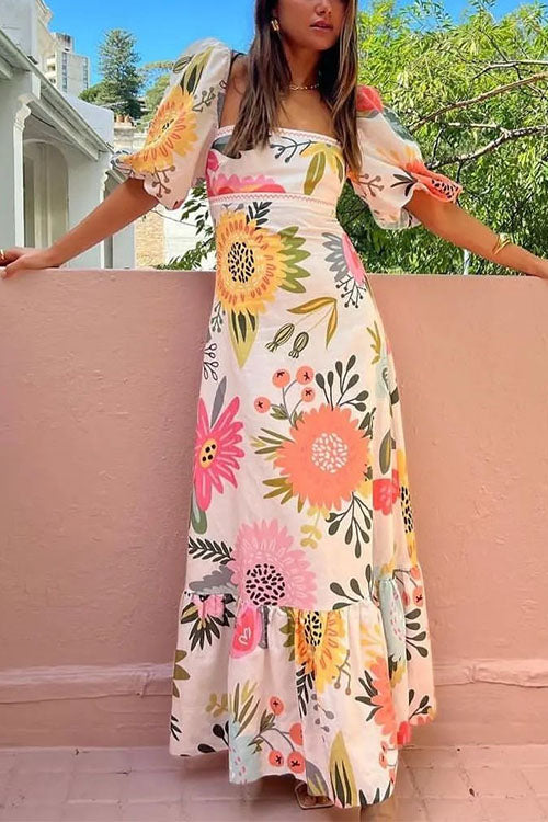 Rosiedress Square Collar Puff Sleeves Floral Print Cotton Linen Ruffle Maxi Dress