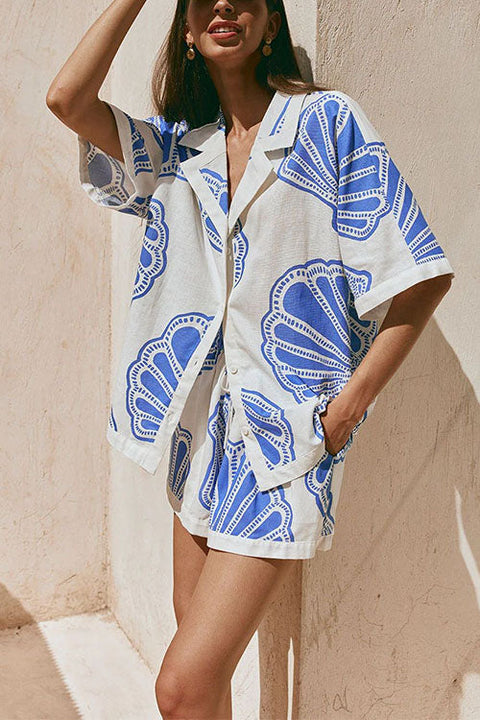 Rosiedress V Neck Short Sleeves Shirt and Drawstring Waist Shorts Seashell Print Set