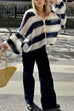 Rosiedress Lantern Sleeves Button Down Color Block Stripes Sweater with Scarf