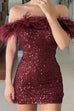Rosiedress Off Shoulder Feather Trim Sequin Mini Party Dress