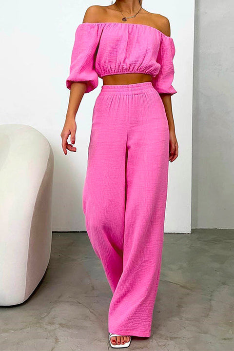 Rosiedress Off Shoulder Half Sleeves Crop Top Wide Leg Pants Set