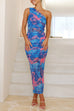 Rosiedress One Shoulder Ruched Floral Print Bodycon Maxi Dress