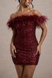 Rosiedress Off Shoulder Feather Trim Sequin Mini Party Dress