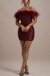 Rosiedress Off Shoulder Feather Trim Sequin Mini Party Dress