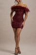 Rosiedress Off Shoulder Feather Trim Sequin Mini Party Dress
