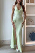 Rosiedress Halter V Neck Backless Slit Rose Applique Knit Maxi Dress