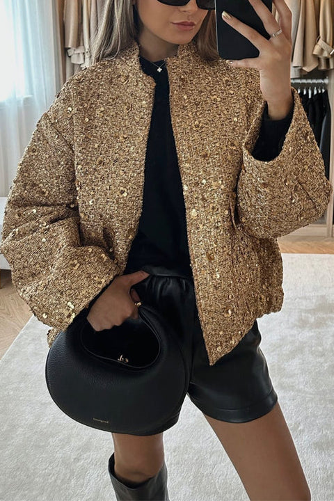 Rosiedress Stand Collar Zip Up Pocketed Sequin Jacket