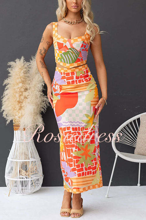 Unique Print Crop Cami Top and Back Slit Bodycon Maxi Skirt Set