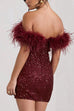 Rosiedress Off Shoulder Feather Trim Sequin Mini Party Dress