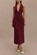 Rosiedress Halter V Neck Backless Buttons Bodycon Midi Dress