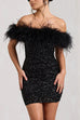 Rosiedress Off Shoulder Feather Trim Sequin Mini Party Dress