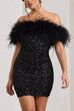 Rosiedress Off Shoulder Feather Trim Sequin Mini Party Dress