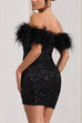 Rosiedress Off Shoulder Feather Trim Sequin Mini Party Dress