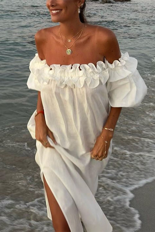 Rosiedress Off Shoulder Ruffle Trim Slit Cotton Linen Maxi Vacation Dress
