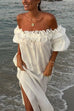 Rosiedress Off Shoulder Ruffle Trim Slit Cotton Linen Maxi Vacation Dress