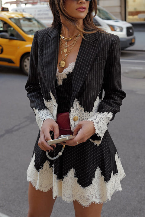 Rosiedress Single Button Striped Lace Trim Crop Blazer