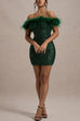 Rosiedress Off Shoulder Feather Trim Sequin Mini Party Dress