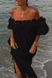 Rosiedress Off Shoulder Ruffle Trim Slit Cotton Linen Maxi Vacation Dress