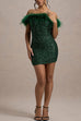 Rosiedress Off Shoulder Feather Trim Sequin Mini Party Dress