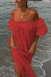 Rosiedress Off Shoulder Ruffle Trim Slit Cotton Linen Maxi Vacation Dress