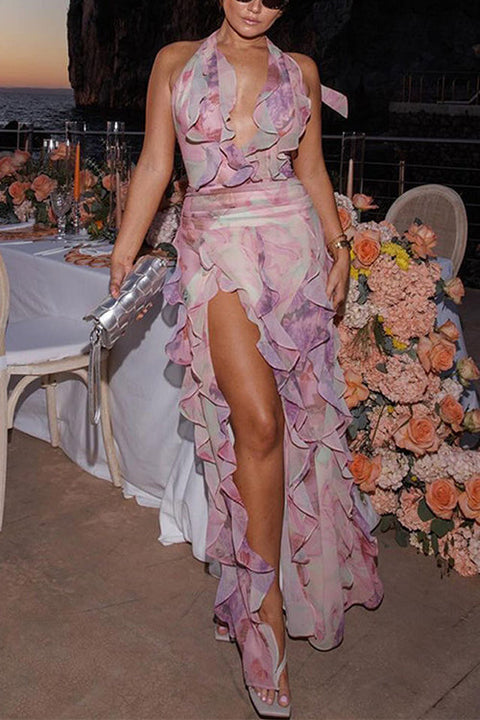 Rosiedress Dreamy Ruffle Halter V Neck Slit Watercolor Floral Maxi Dress