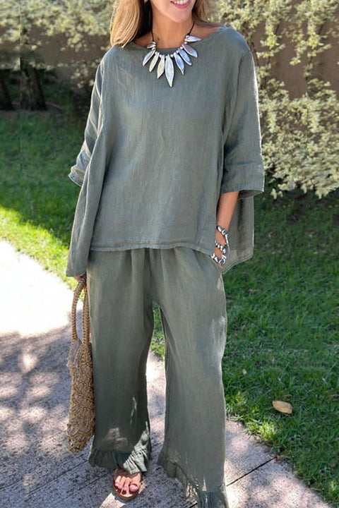 Rosiedress Cotton Linen 3/4 Sleeves Pullover Top Wide Leg Ruffle Hem Pants Set