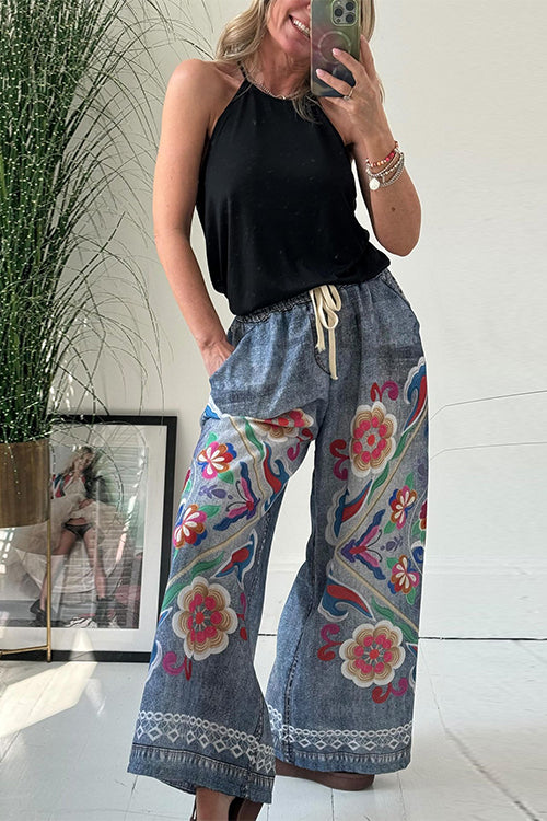 Rosiedress Drawstring Elastic Waist Wide Leg Floral Print Pants
